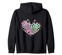 Pastel Punk Fishnet Gloves on Checkered Heart Emo Safety Pin Zip Hoodie