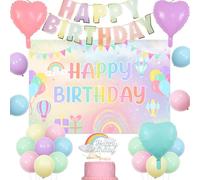 Pastel Rainbow Birthday Decorations, Colourful Happy Birthday Backdrop Happy Birthday Balloons Banner Pastel Pink Purple Blue Heart Foil Balloons Cake Topper for All Ages