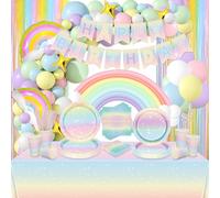 Pastel Rainbow Birthday Party Decor, Includes Happy Birthday Banner, Rainbow Tablecloth, Paper Plates, Napkins, Cups, Balloons for Birthday Party Decorations, Baby Shower Party, Serves 20