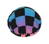 Pastel Rainbow Checker Print A Shower Caps for Women, Reusable Double Layers Elastic Band Long Hair Bath Caps for Shower