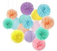 Pastel Rainbow Colorful Party-Decorations Paper Flowers Lanterns - 15PCS Birthday Classroom Baby Shower Tissue Pom Poms Streamers, Macaron Carnival Theme Hanging Supplies Decor Hugfond