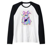 Pastel Rainbow Ghost With Bow Halloween Style Raglan Baseball Tee
