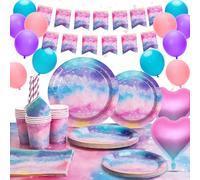 Pastel Rainbow Party Tableware Starry Galaxy Tie Dye Watercolor Birthday Party Paper Plates Cups Napkins Tablecloth Banner Galaxy Pastel Rainbow Birthday Party Decorations Supplies 16 Guests