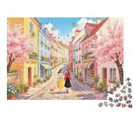 Pastel Spring Town 1000 Piece Jigsaw Puzzle Recyclable Blooming Streets Puzzles for Elderly Family Gaming Time Props Relieve Senile Dementia Great Gift 38x26cm/1000pcs