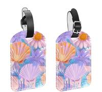 Pastel Summer Coastal Seashell with Flower Luggage Tags for Suitcase, 2 Pack Leather Baggage Identifier with Privacy Flap and Name ID Label for Women Men Travel