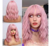 Pastel Wavy Bob 'Wig' - Human Hair Short Wave Pink 'Wig' With Bangs 12" 'Wigs' For Women Cosplay - Shoulder Length For Girl