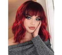 Pastel Wavy Red Auburn Wig With Air Bangs Women's Short Bob Red Wig Curly Wavy Shoulder Length Paste
