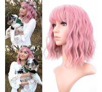 Pastel Wavy Wig With Air Bangs Women's Short Bob Purple Pink Wig Curly Wavy Shoulder Length Synthetic Cosplay Colorful