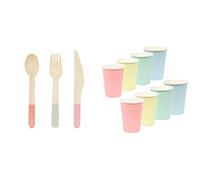 Pastel Wooden Cutlery Set & Pastel Paper Cups Bundle