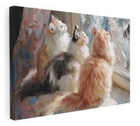 Pastello Cats By The Window Canvas Wall Art - Wall Art Print for Living Room, Bedroom, Office, Framed Artwork - For Cat Lovers (87cm x 61cm / 34x24inch)