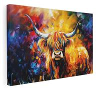 Pastello Highland Cow Colourful Canvas Wall Art - Abstract Wall Art Print for Living Room, Bedroom, Office, Framed Artwork (61cm x 41cm / 24x16inch)