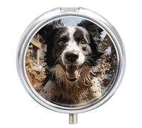 Pastor Border Collie Pill Box 3 Compartment Round Small Pill Box for Pocket Purse Metal Travel Pill Case Portable Daily Pill Organizer Cute Compact Medicine Organizer Mini Pill Container