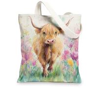 Pastoral Canvas Tote Bags, Artistic Cow Design Reusable Grocery Bags, Lightweight Washable Shoulder Strap Canvas Bags for G, Multicolor, 13x15 Inch