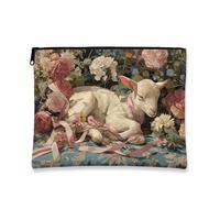 Pastoral Cosmetic Bag, Vintage Romantic Floral Makeup Travel Pouch Organizer for Women, Small Portable Canvas Zipper Pouch, Spring Gift for Toiletries and Accessories, Pastel, 7x9 Inch, Lamb