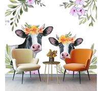 Pastoral Cute Pets Photo Wallpaper 250 X 175 Cm - Non-Woven Premium Art Print Fleece Wall Mural Decoration Poster Picture Design Modern - Pink Cow Wreath for Kids Bedroom Living Room