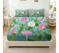 Pastoral Fitted Sheet Single Bed Sheet, Floral Morning Glory Vines Printed Microfiber Fitted Sheet Bedding Bed Linen 90 x 200 cm for Kids Boys Girls