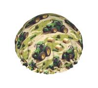Pastoral Green Tractor Print Shower Caps for Women, Reusable Double Layers Elastic Band Long Hair Bath Caps for Shower
