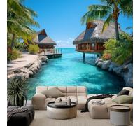 Pastoral Island Cottage Mural Wallpaper, Turquoise Wallpaper for Bedroom Living Room TV Backdrop Office Hotel Corridor Wall Background Decoration Non-Woven Wall Paper 300 X 210 cm (WxH)