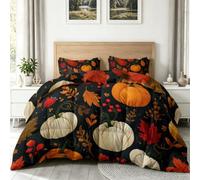 Pastoral Nature Printed Coverless Duvet, Double Reversible Pumpkin Maple Leaf Vines Patterned Comforter Quilt for Boys Girls, Orange Red Warm & Light Bedding Set for All Seasons, 200 x 200 cm Duvet