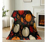 Pastoral Nature Soft Cozy Throw Blanket, 150 x 200 cm Pumpkin Maple Leaf Vines Flannel Blanket Suitable for All Seasons, Orange Red Printed Lightweight Blankets for Bedding Sofa Office Travel
