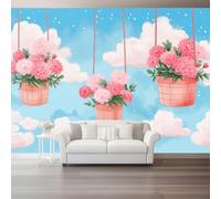 Pastoral Photo Wallpaper Mural - Hanging Flowers White Clouds Non-Woven Art Print Murals 200 x 140 cm (W x H), Blue Interior Decor Wallpaper for Bedroom Living Room TV Backdrop Home