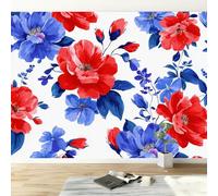 Pastoral Plants Flowers Leaves Modern Panoramic Wall Mural, Blue Red High-Resolution Non-Woven Wallpaper 200W x 140H cm - Oversized 3D Visual Art Poster for Kids Room, Bedroom & Corridor