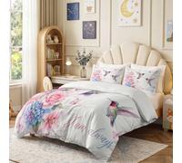 Pastoral Reversible Printed Bedding Set, 200 x 200 cm Duvet Cover with Zipper Closure and Corner Ties, Birds Rose Butterfly Lily Pink Soft Breathable Microfibre Easy Care Quilt Cover Set