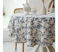 Pastoral Round Tablecloth - 60 Inch Dia. - Linen Fabric Table Cloth - Washable Table Cover with Dust-Proof Wrinkle Resistant for Restaurant, Picnic, Indoor and Outdoor Dining, Floral (Dark Blue)