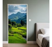 Pastoral Scenery Door Stickers Self Adhesive 90x200 cm 3D Paddy Field Door Murals Stickers Mountain Forest Door Poster Wallpaper Peel and Stick PVC Waterproof Removable