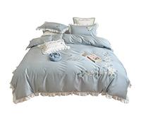 Pastoral Style Australian Flower Embroidery Four-piece Fresh Ruffled Cotton Duvet Cover Bedding (Color Size : (Blue)
