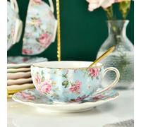Pastoral Style Flowers Tea Set Ceramic Coffee Cup Suit Bone China Golden Edge Tea Cup and Saucer with A Spoon (1 Piece Style H 220ml)