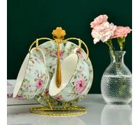 Pastoral Style Flowers Tea Set Ceramic Coffee Cup Suit Bone China Golden Edge Tea Cup and Saucer with A Spoon (2 Piece Style G 220ml)