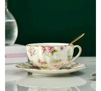 Pastoral Style Flowers Tea Set Ceramic Coffee Cup Suit Bone China Golden Edge Tea Cup and Saucer with A Spoon (1 Piece Style E 220ml)