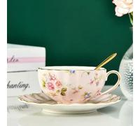 Pastoral Style Flowers Tea Set Ceramic Coffee Cup Suit Bone China Golden Edge Tea Cup and Saucer with A Spoon (1 Piece Style F 220ml)
