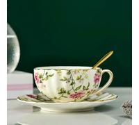 Pastoral Style Flowers Tea Set Ceramic Coffee Cup Suit Bone China Golden Edge Tea Cup and Saucer with A Spoon (1 Piece Style I 220ml)