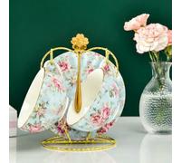 Pastoral Style Flowers Tea Set Ceramic Coffee Cup Suit Bone China Golden Edge Tea Cup and Saucer with A Spoon (2 Piece Style H 220ml)