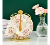 Pastoral Style Flowers Tea Set Ceramic Coffee Cup Suit Bone China Golden Edge Tea Cup and Saucer with A Spoon (2 Piece Style F 220ml)