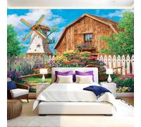 Pastoral Style Photo Wallpaper 3D Effect Watercolor Charming barn Mural Wallpaper Non-Woven Wall Mural, 350 x 256 cm Large Murals Wall Decor for Bedroom, Living Room, Kids Room
