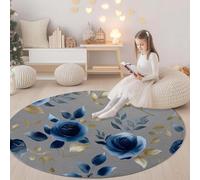Pastoral Style Plants Blue Roses Round Area Rug - 120 cm, Grey Machine Washable, Non-Slip, Short Pile Round Carpet Easy Care - Perfect for Living Room, Bedroom and Dining Room Décor