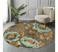 Pastoral Style Rugs Round Ø 80Cm Living Room Gold Foil Peonies Flying Birds Non-Slip Area Rug Round Machine Washable Floor Carpet Short Pile Soft Circle Rug For Bedroom Nursery, Taupe