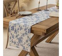 Pastoral Table Runner - 14 x 60 Inch Rectangle - Beige Linen - Washable Tabletop with Dust-Proof Wrinkle Resistant for Restaurant, Picnic, Indoor and Outdoor Dining, Floral (Dark Blue)