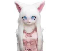 Pastoralist Furry Mask,Furry Head, Full Head Furry Mask with Big Eyes, Furry Ears & White Long Hair, Animal Head Fursuit Mask Costume for Halloween Masquerade Cosplay Costume Props