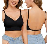 PASUDA Low Back Bra for Women Backless Wirefree Plunge Bras with Anti-Slip Base Adjuster Buckle Multiway Convertible Strap Ladies Invisible Halter Bra V Neck Comfort Breathable (Black, M)