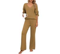 PASUDA Ribbed Lounge Wear Sets for Women 2 Piece Track Suits Full Set Long Sleeve V Neck Elastic Waist Co Ord Sets Ladies Pjs Loungewear Sleepwear Homewear Leisure Outfits (Khaki, L)