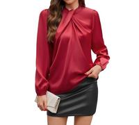 PASUDA Satin Blouses for Women Going Out Tops Long Sleeve Loose Fit Knotted Neck Lantern Sleeve Elegant Shirts Work Office Wear Party Business Blouse for Ladies (Burgundy, XXL)