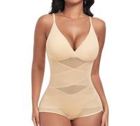 PASUDA Shapewear for Women Tummy Control Body Shaper Mesh Cross Bodysuit Shaping V Neck Slimming Waist Trainer with Removable Padding Adjustable Straps (Beige, L)