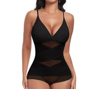 PASUDA Shapewear for Women Tummy Control Body Shaper Mesh Cross Bodysuit Shaping V Neck Slimming Waist Trainer with Removable Padding Adjustable Straps (Black, XXL)