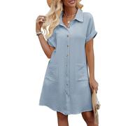 PASUDA Summer Dresses for Women UK Cotton Short Sleeve Button Down Shirt Dress Ladies Elegant Shift Knee Length Sundress Casual Beach Cover Ups with Pockets(Blue,L)