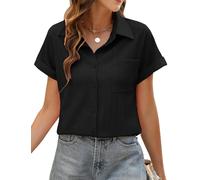 PASUDA Women's Black Blouse, S - Short Sleeve, V-Neck, Button Down, Loose Fit, Casual Classic, Adult Women's Shirt