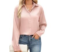 PASUDA Womens Blouse Elegant Long Sleeve Tops V Neck Button Down Shirts Ladies Satin Loose Fit Tunic Top Business Casual Solid Tee Shirts Roll Up Collared Dressy Blouses(Pink,XXL)